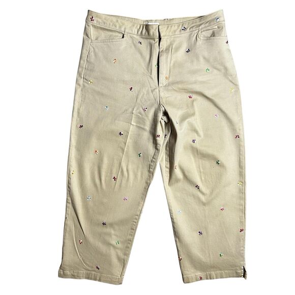 Hannah Women’s Size 14 Embroidered Floral Print Khaki Capris - Picture 1 of 7